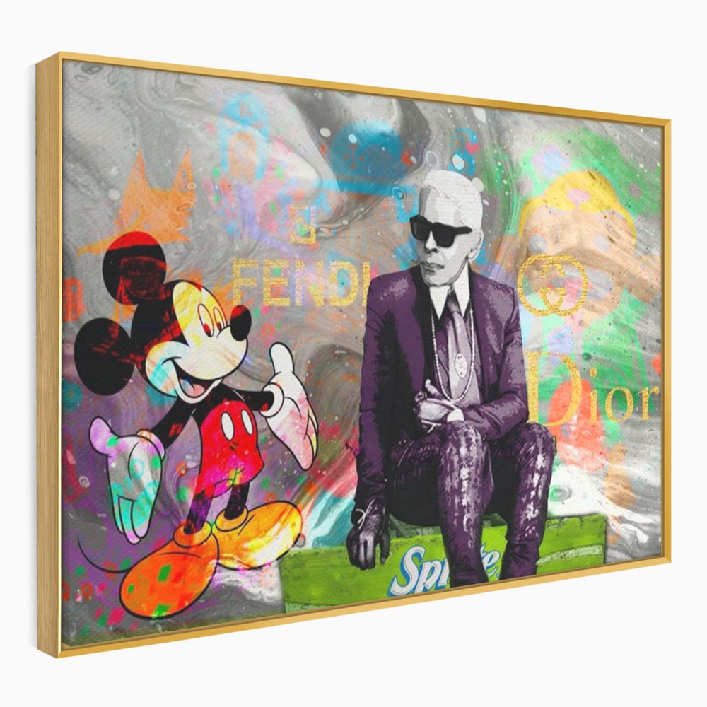 Tablou canvas cu tablou canvas cu mickey mouse si karl lagerfeld, in rama de aluminiu auriu