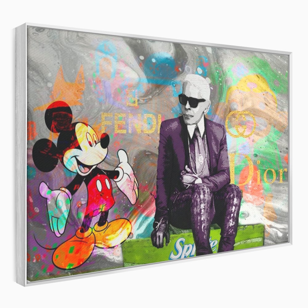Tablou canvas cu tablou canvas cu mickey mouse si karl lagerfeld, in rama de aluminiu argintiu