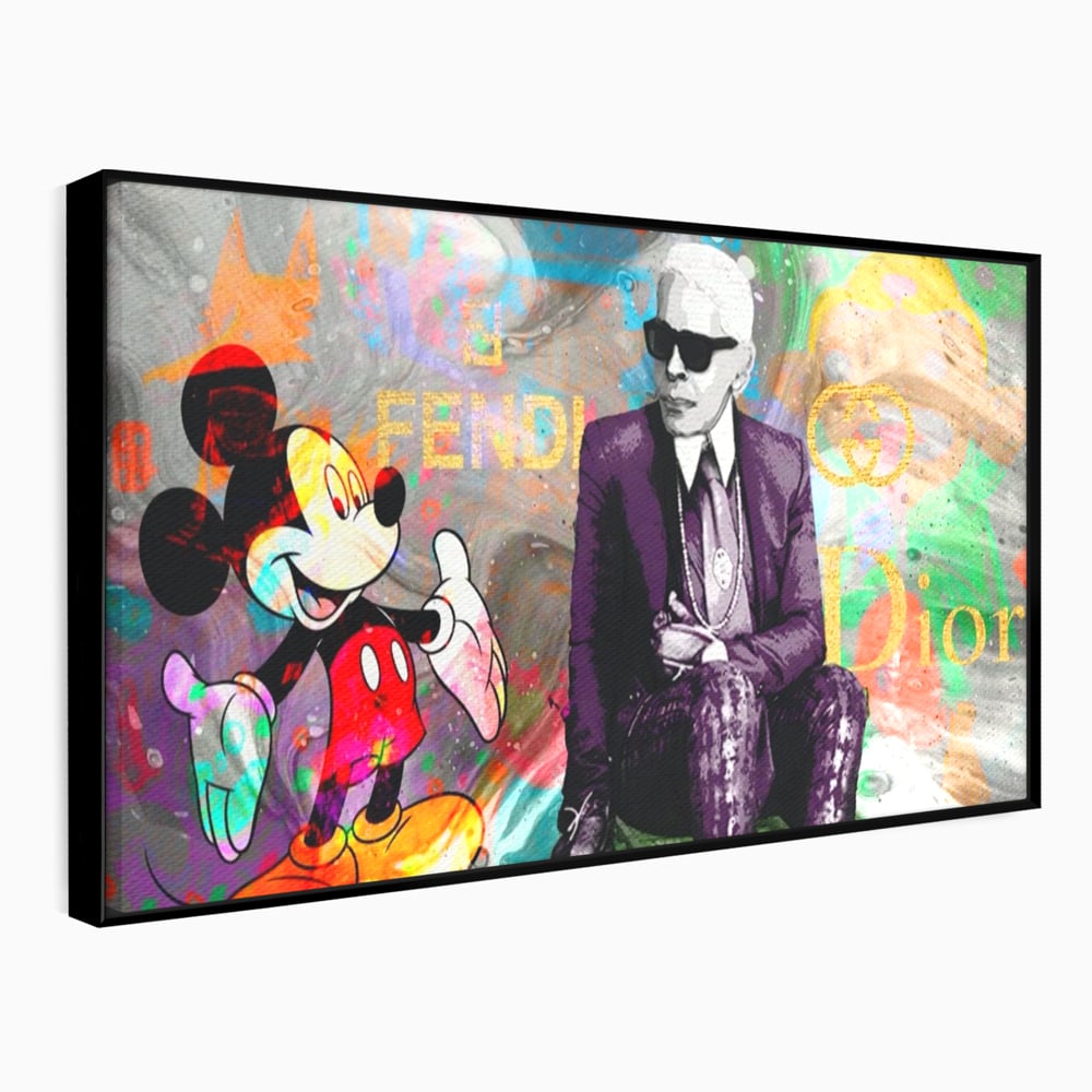 Tablou canvas cu tablou canvas cu mickey mouse si karl lagerfeld, in rama de aluminiu negru