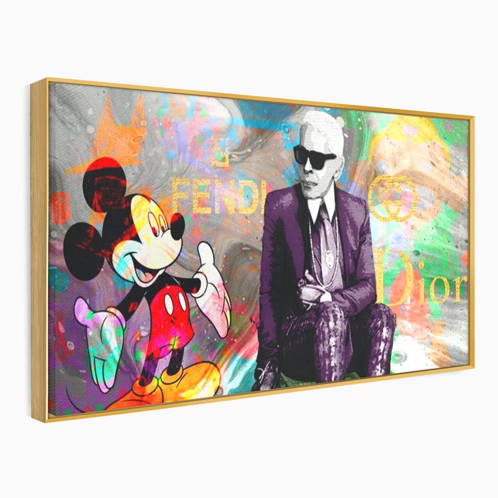 Tablou canvas cu tablou canvas cu mickey mouse si karl lagerfeld, in rama de aluminiu auriu