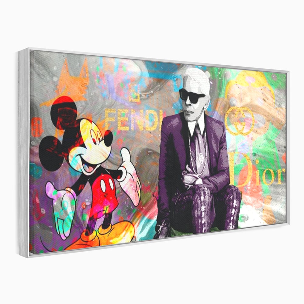 Tablou canvas cu tablou canvas cu mickey mouse si karl lagerfeld, in rama de aluminiu argintiu