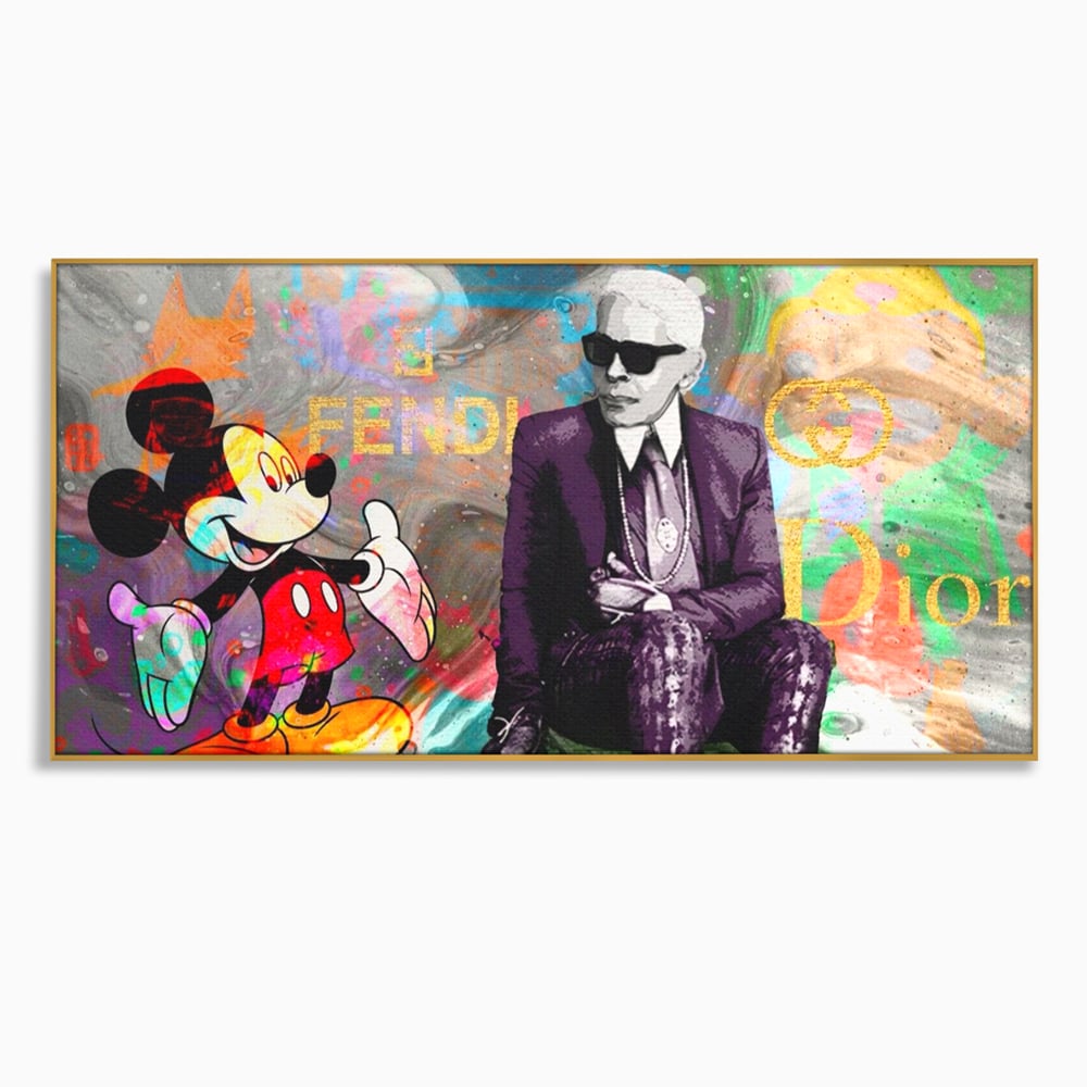 Tablou canvas cu tablou canvas cu mickey mouse si karl lagerfeld, in rama de aluminiu auriu