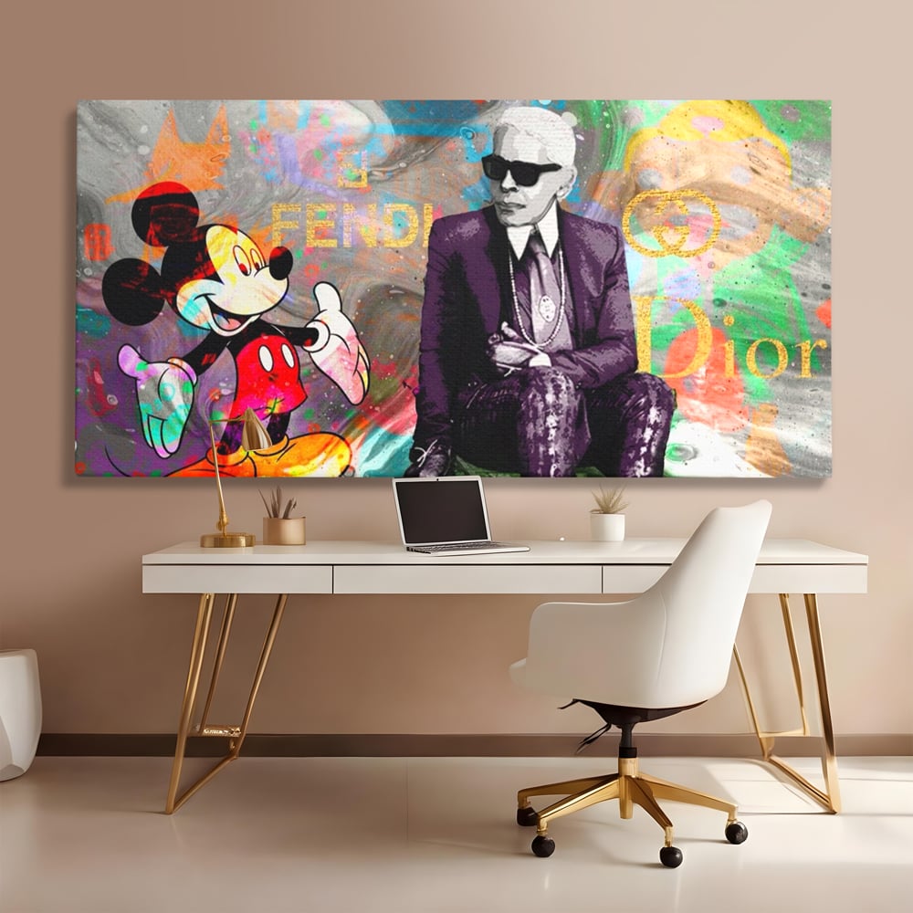 Tablou canvas cu tablou canvas cu mickey mouse si karl lagerfeld, fara rama, pe sasiu de lemn, pe perete intr-un birou