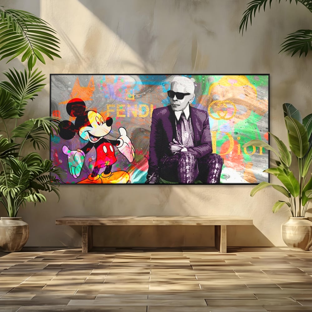 Tablou canvas cu tablou canvas cu mickey mouse si karl lagerfeld, in rama de aluminiu negru
