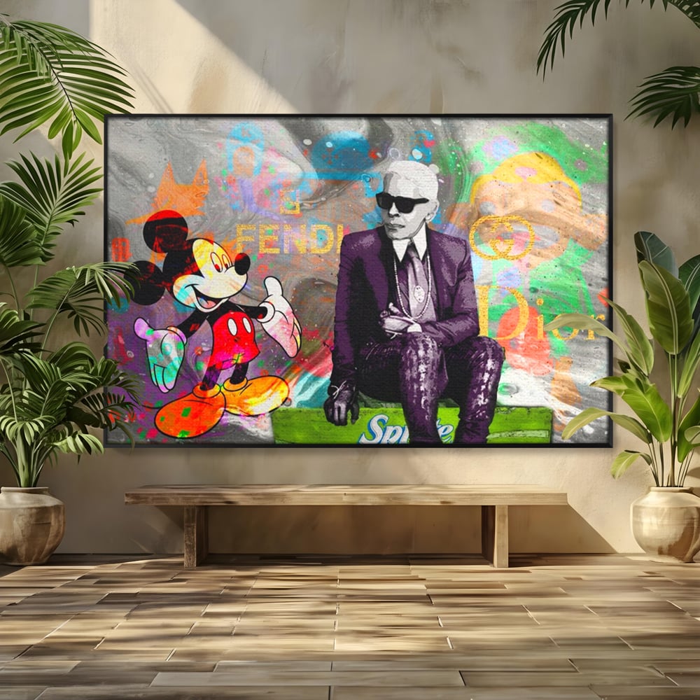 Tablou canvas cu tablou canvas cu mickey mouse si karl lagerfeld, in rama de aluminiu negru