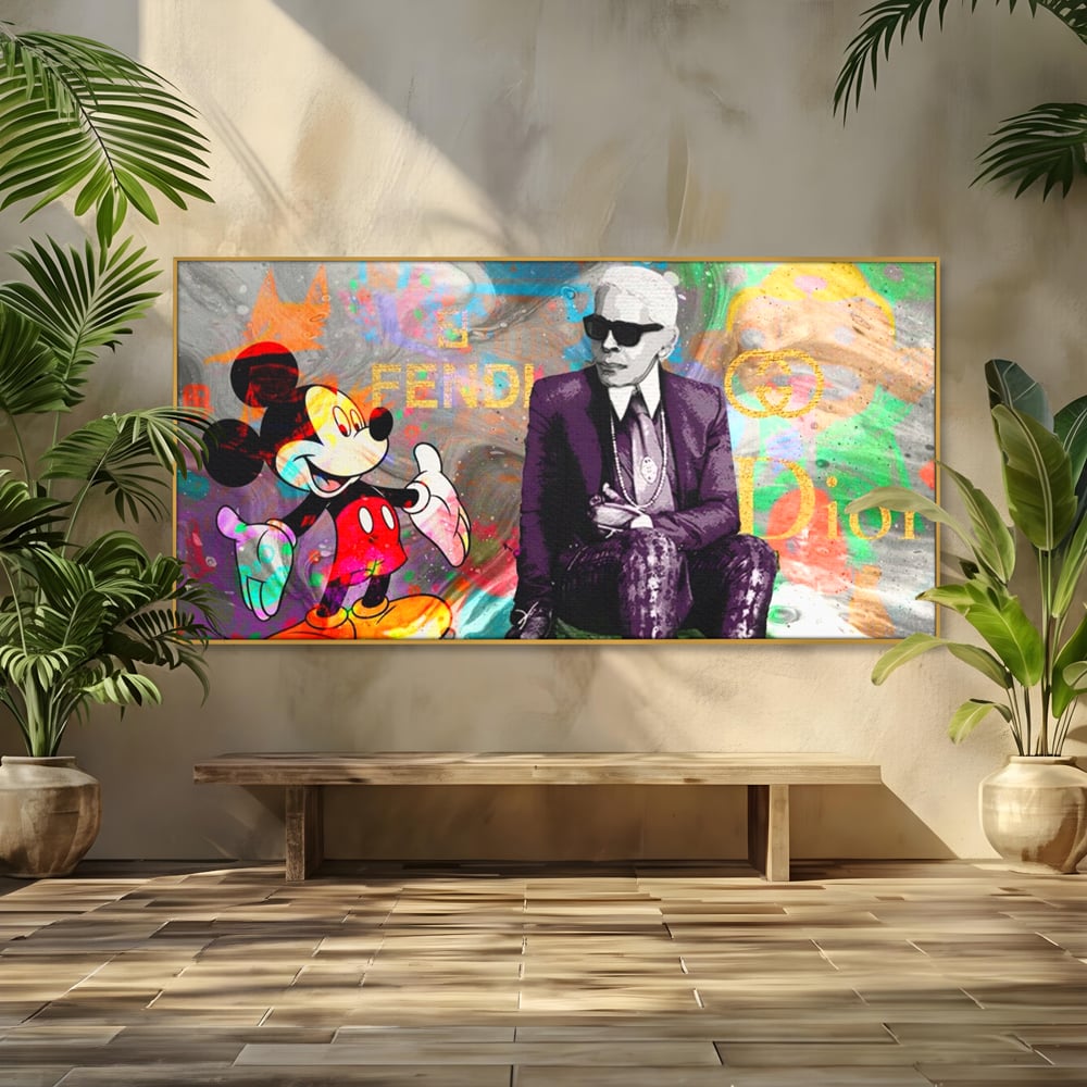 Tablou canvas cu tablou canvas cu mickey mouse si karl lagerfeld, in rama de aluminiu auriu