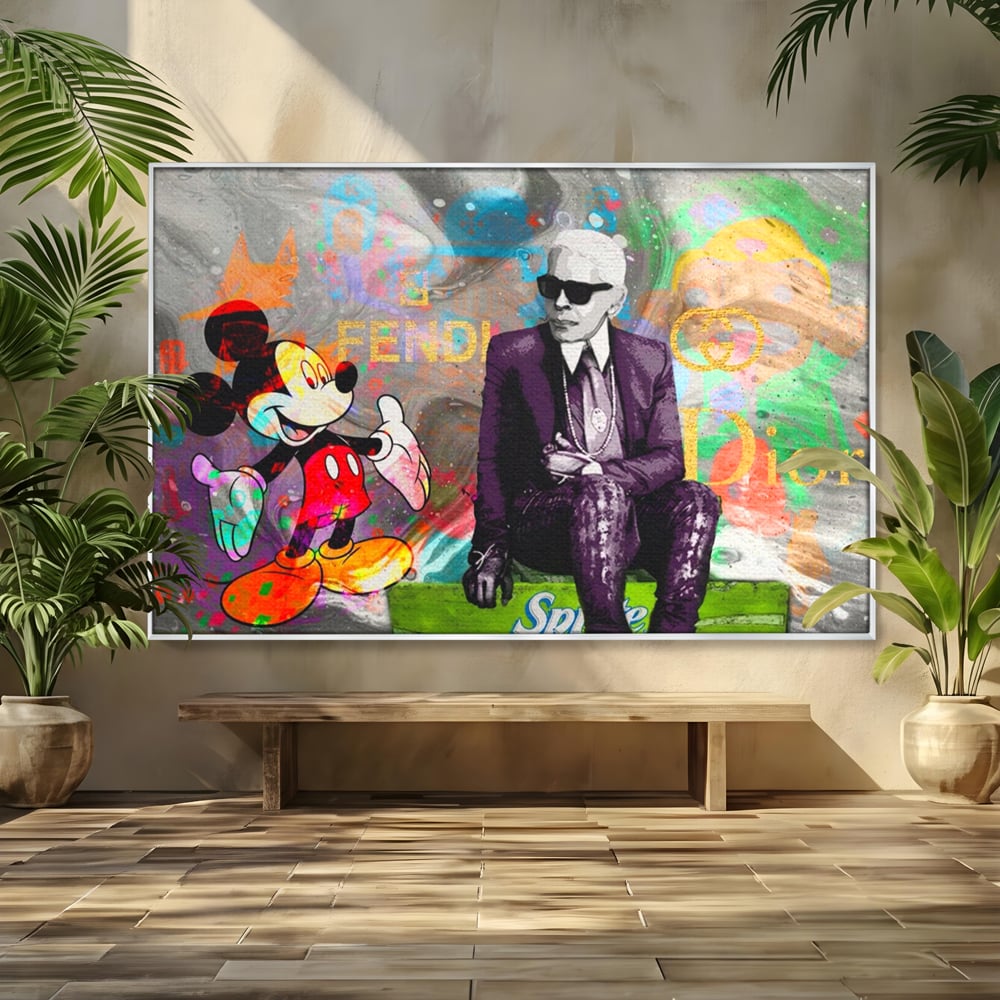 Tablou canvas cu tablou canvas cu mickey mouse si karl lagerfeld, in rama de aluminiu argintiu
