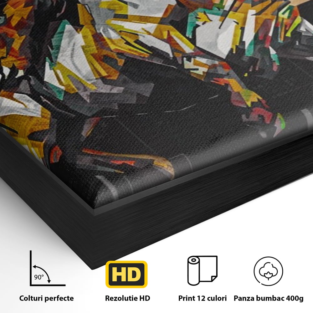Detaliu al suprafetei: tablou canvas cu taur si urs, in rama de aluminiu negru