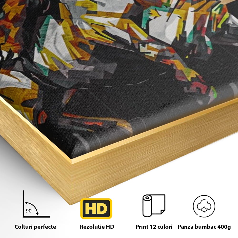 Detaliu al suprafetei: tablou canvas cu taur si urs, in rama de aluminiu auriu