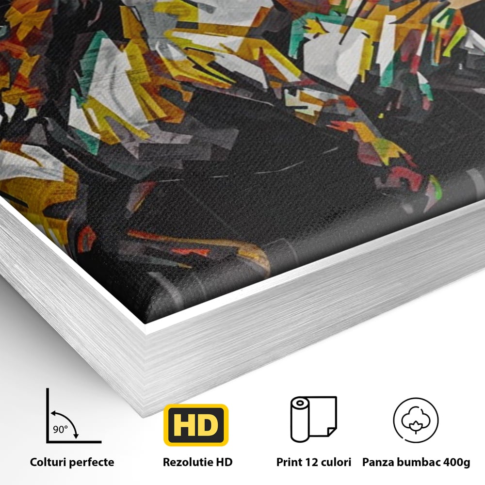 Detaliu al suprafetei: tablou canvas cu taur si urs, in rama de aluminiu argintiu