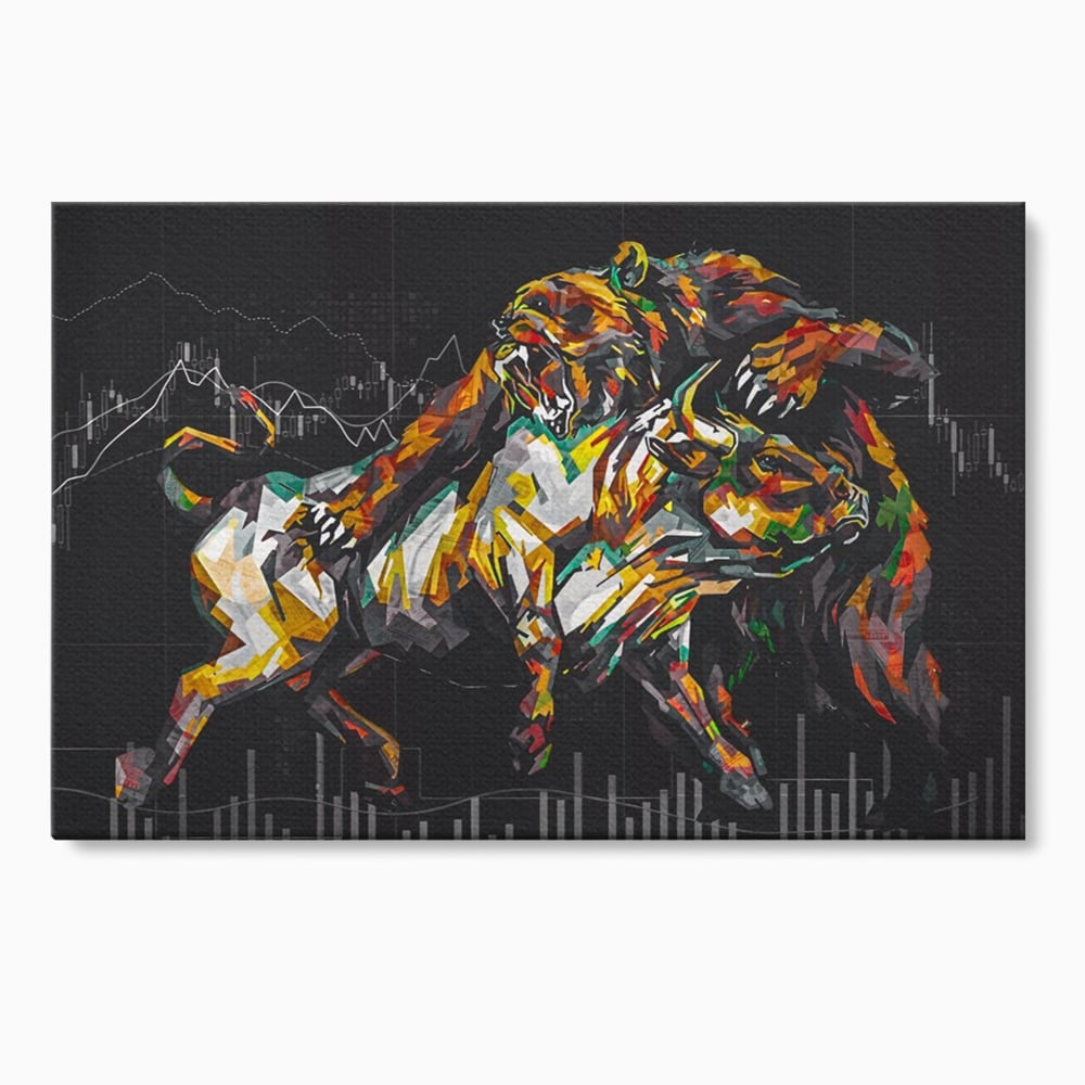 Tablou canvas cu tablou canvas cu taur si urs, fara rama, pe sasiu de lemn