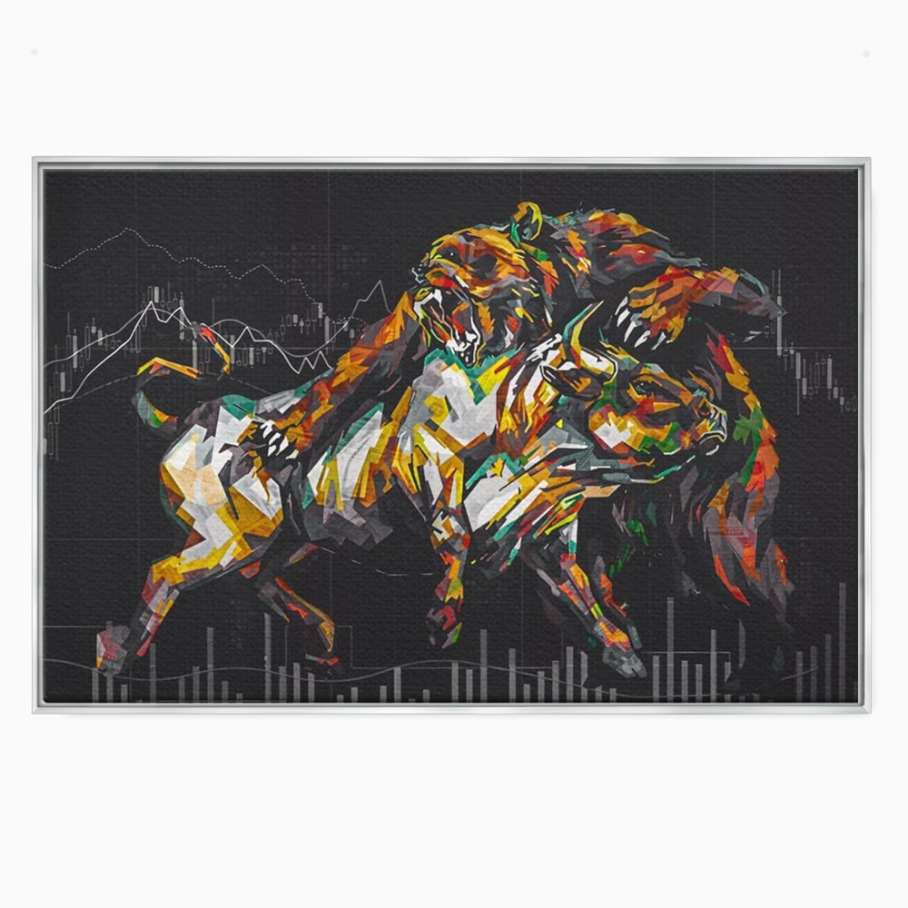 Tablou canvas cu tablou canvas cu taur si urs, in rama de aluminiu argintiu