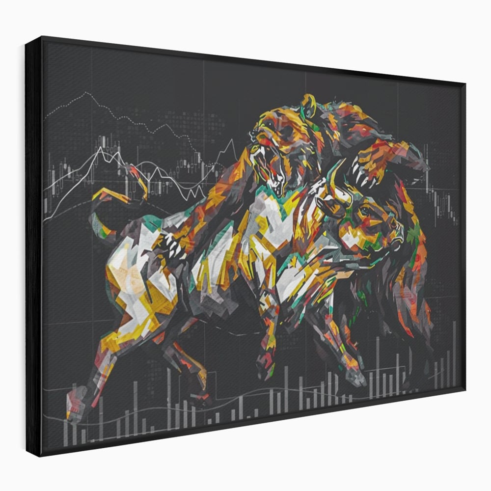 Tablou canvas cu tablou canvas cu taur si urs, in rama de aluminiu negru
