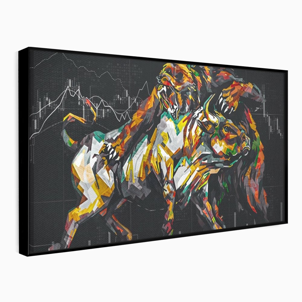 Tablou canvas cu tablou canvas cu taur si urs, in rama de aluminiu negru