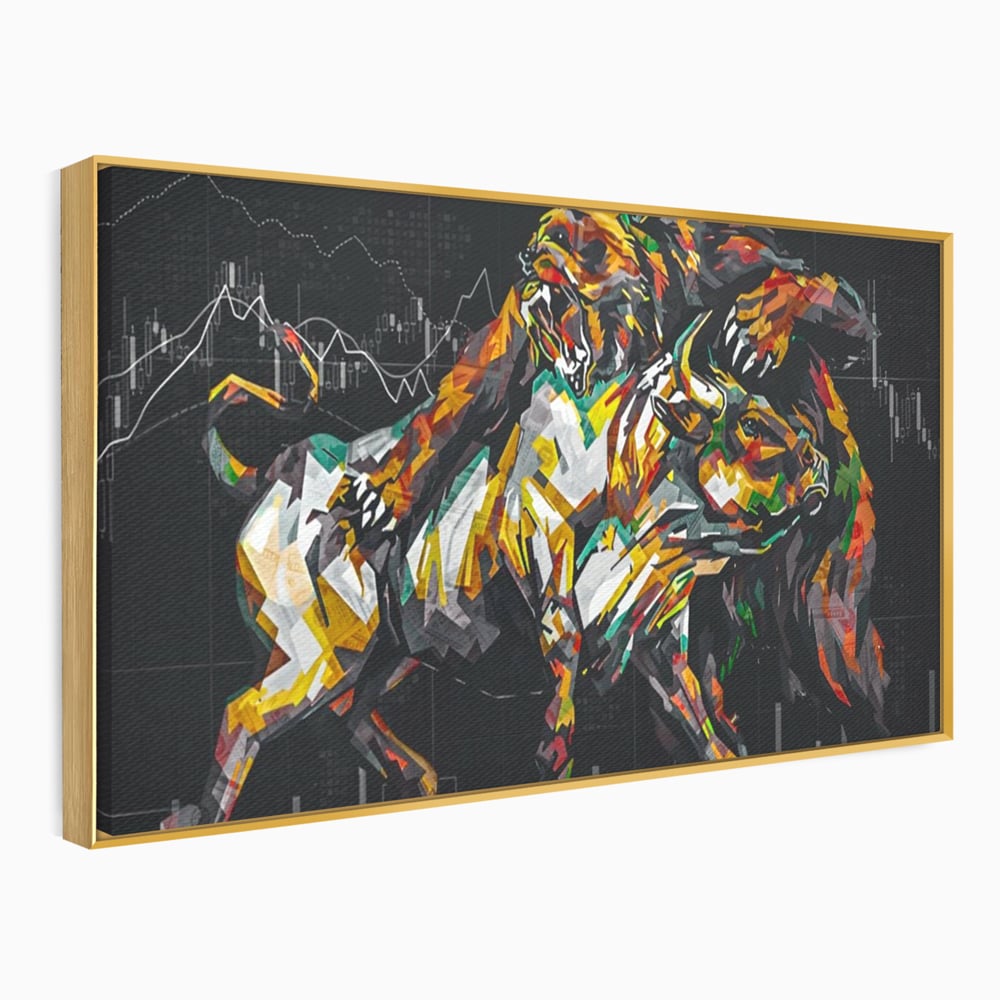 Tablou canvas cu tablou canvas cu taur si urs, in rama de aluminiu auriu