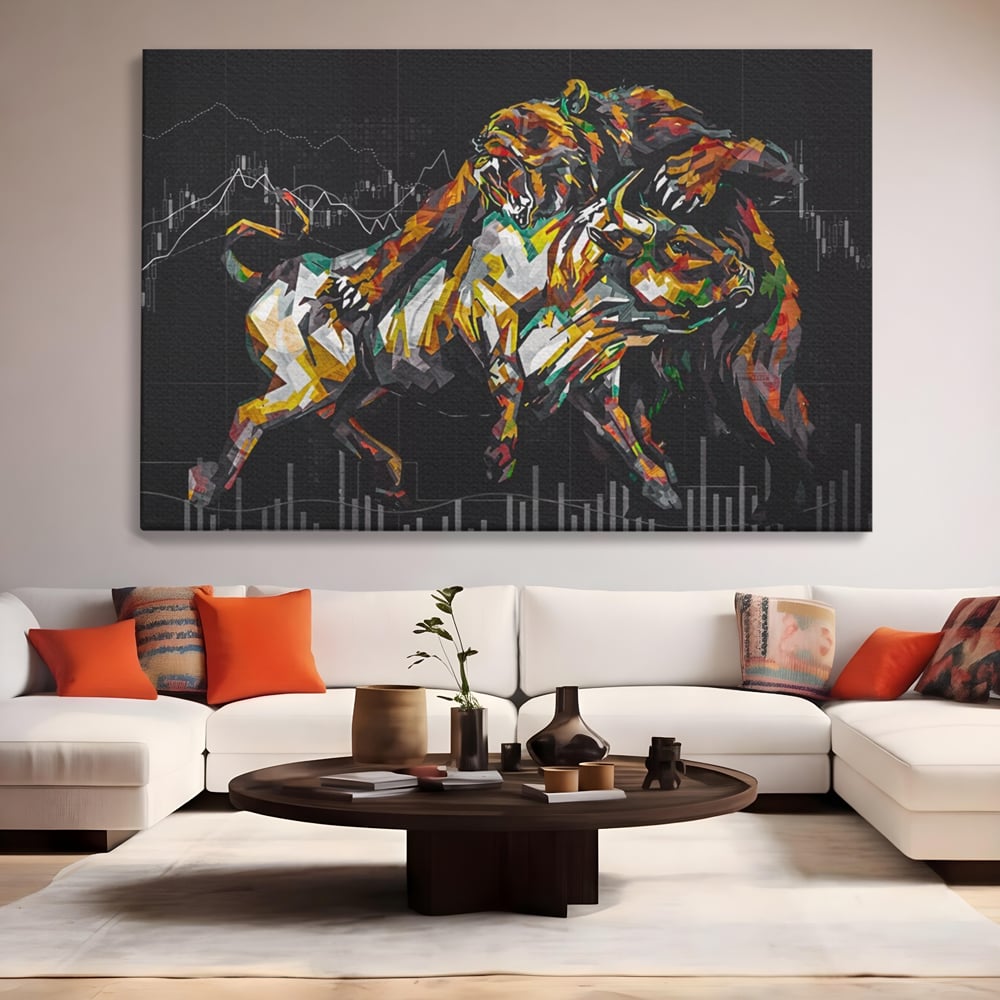 Tablou canvas cu tablou canvas cu taur si urs, fara rama, pe sasiu de lemn, pe perete intr-un living