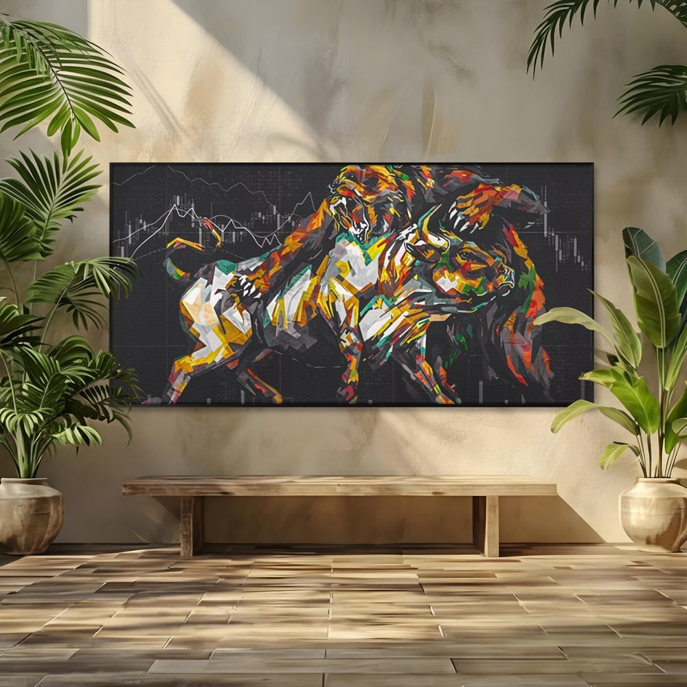 Tablou canvas cu tablou canvas cu taur si urs, in rama de aluminiu negru