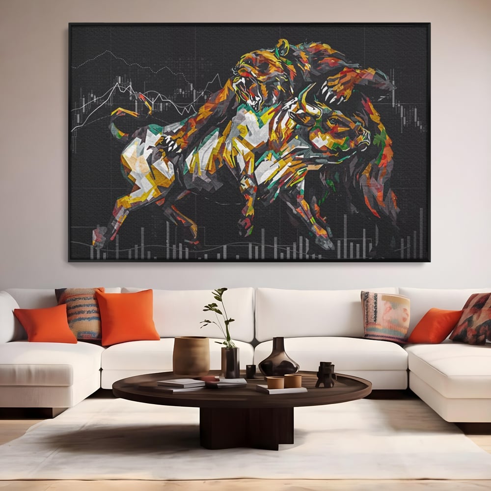 Tablou canvas cu tablou canvas cu taur si urs, in rama de aluminiu negru, pe perete intr-un living