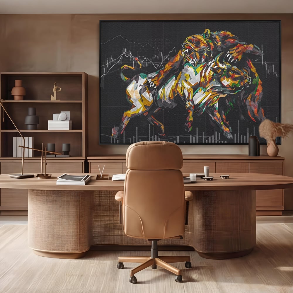 Tablou canvas cu tablou canvas cu taur si urs, in rama de aluminiu negru, pe perete intr-un birou