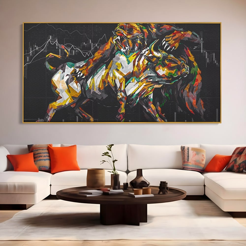 Tablou canvas cu tablou canvas cu taur si urs, in rama de aluminiu auriu, pe perete intr-un living