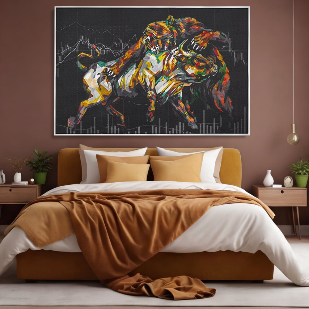 Tablou canvas cu tablou canvas cu taur si urs, in rama de aluminiu argintiu, pe perete intr-un dormitor