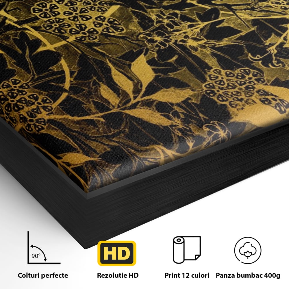 Detaliu al suprafetei: model floral auriu pe fond negru, in rama de aluminiu negru