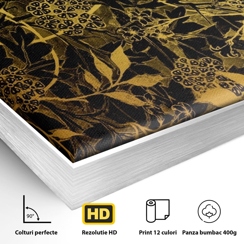 Detaliu al suprafetei: model floral auriu pe fond negru, in rama de aluminiu argintiu