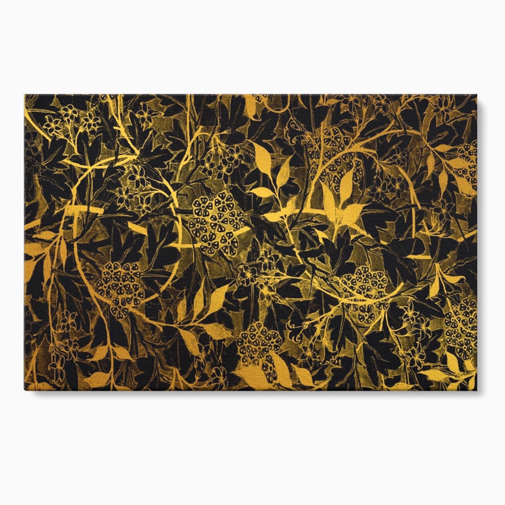 Tablou canvas cu model floral auriu pe fond negru, fara rama, pe sasiu de lemn