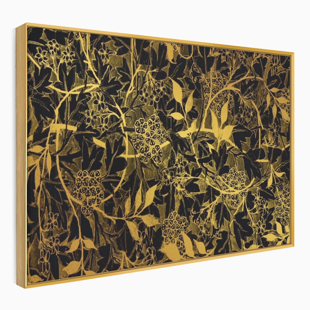 Tablou canvas cu model floral auriu pe fond negru, in rama de aluminiu auriu