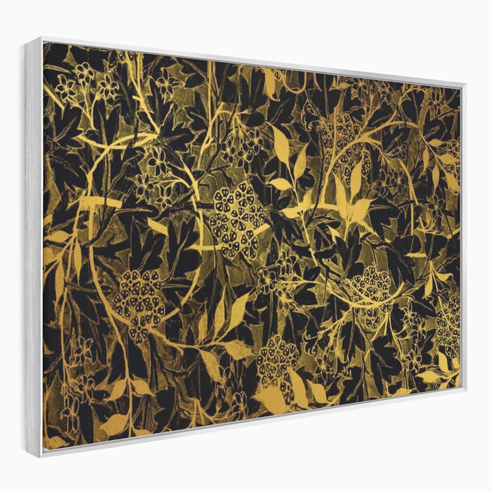 Tablou canvas cu model floral auriu pe fond negru, in rama de aluminiu argintiu