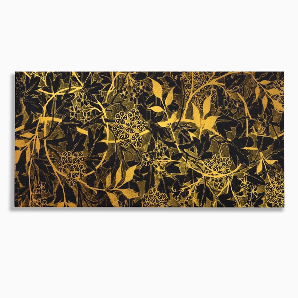 Tablou canvas cu model floral auriu pe fond negru, fara rama, pe sasiu de lemn