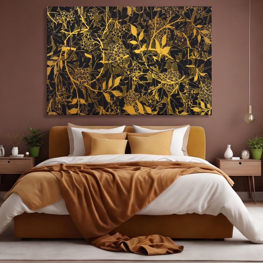 Tablou canvas cu model floral auriu pe fond negru, fara rama, pe sasiu de lemn, pe perete intr-un dormitor