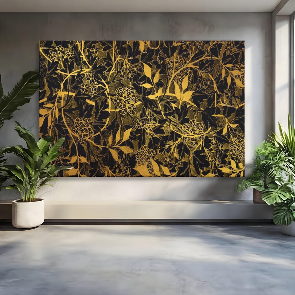 Tablou canvas cu model floral auriu pe fond negru, fara rama, pe sasiu de lemn
