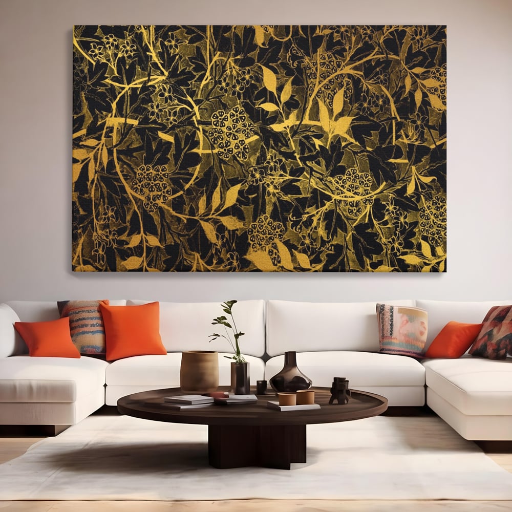 Tablou canvas cu model floral auriu pe fond negru, fara rama, pe sasiu de lemn, pe perete intr-un living