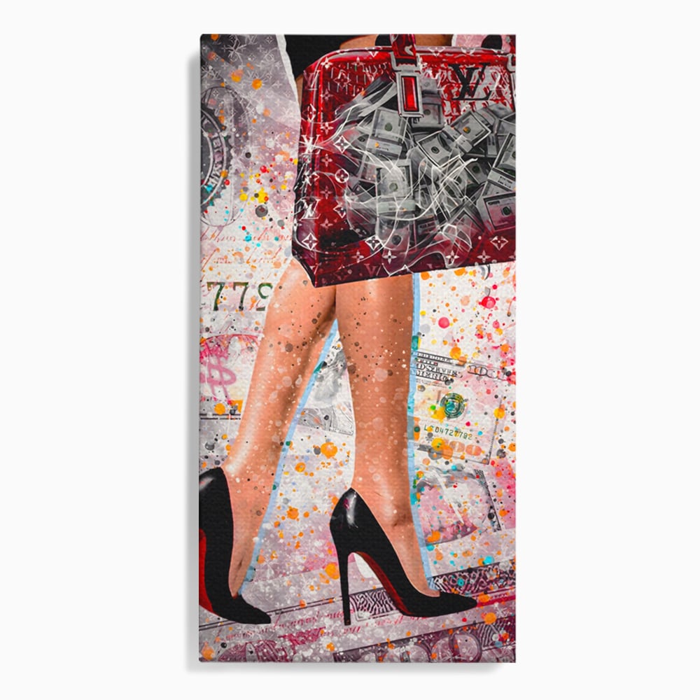 Tablou canvas cu tablou canvas cu silueta feminina si geanta rosie, fara rama, pe sasiu de lemn