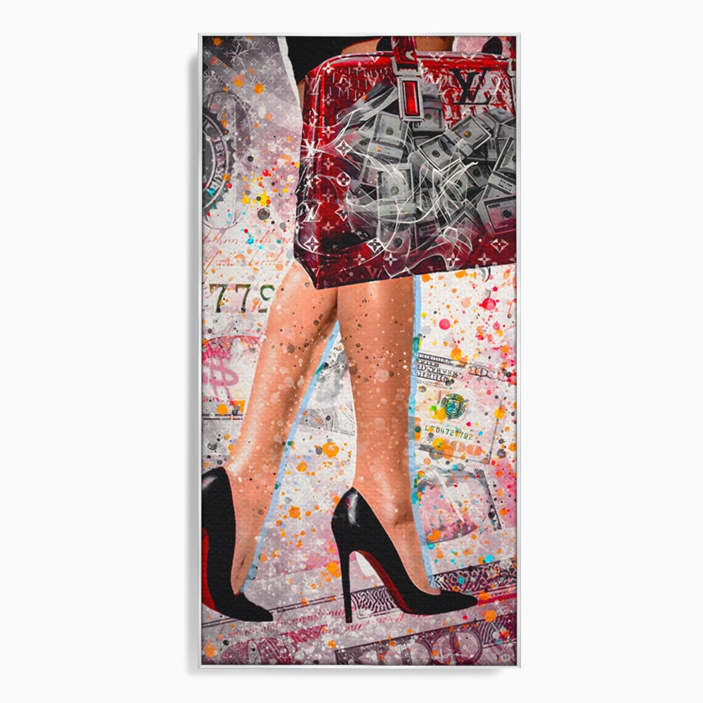 Tablou canvas cu tablou canvas cu silueta feminina si geanta rosie, in rama de aluminiu argintiu