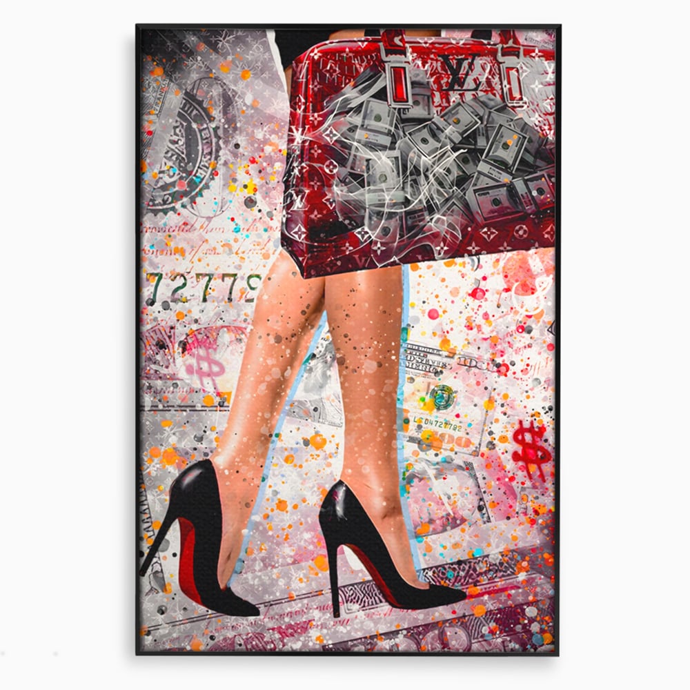Tablou canvas cu tablou canvas cu silueta feminina si geanta rosie, in rama de aluminiu negru