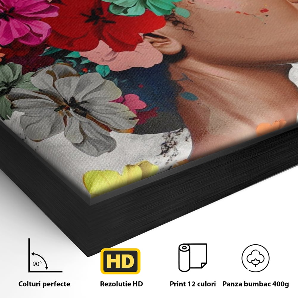 Detaliu al suprafetei: tablou canvas cu fata si flori, in rama de aluminiu negru