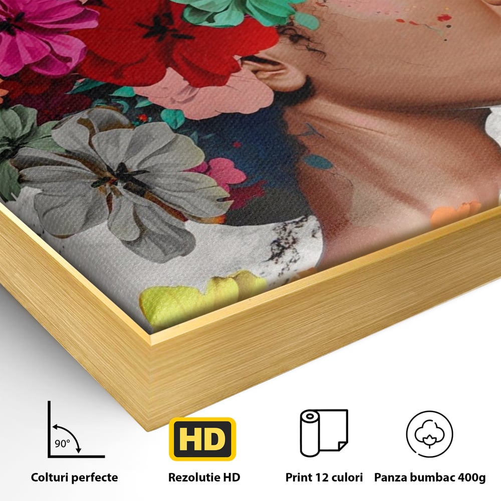 Detaliu al suprafetei: tablou canvas cu fata si flori, in rama de aluminiu auriu