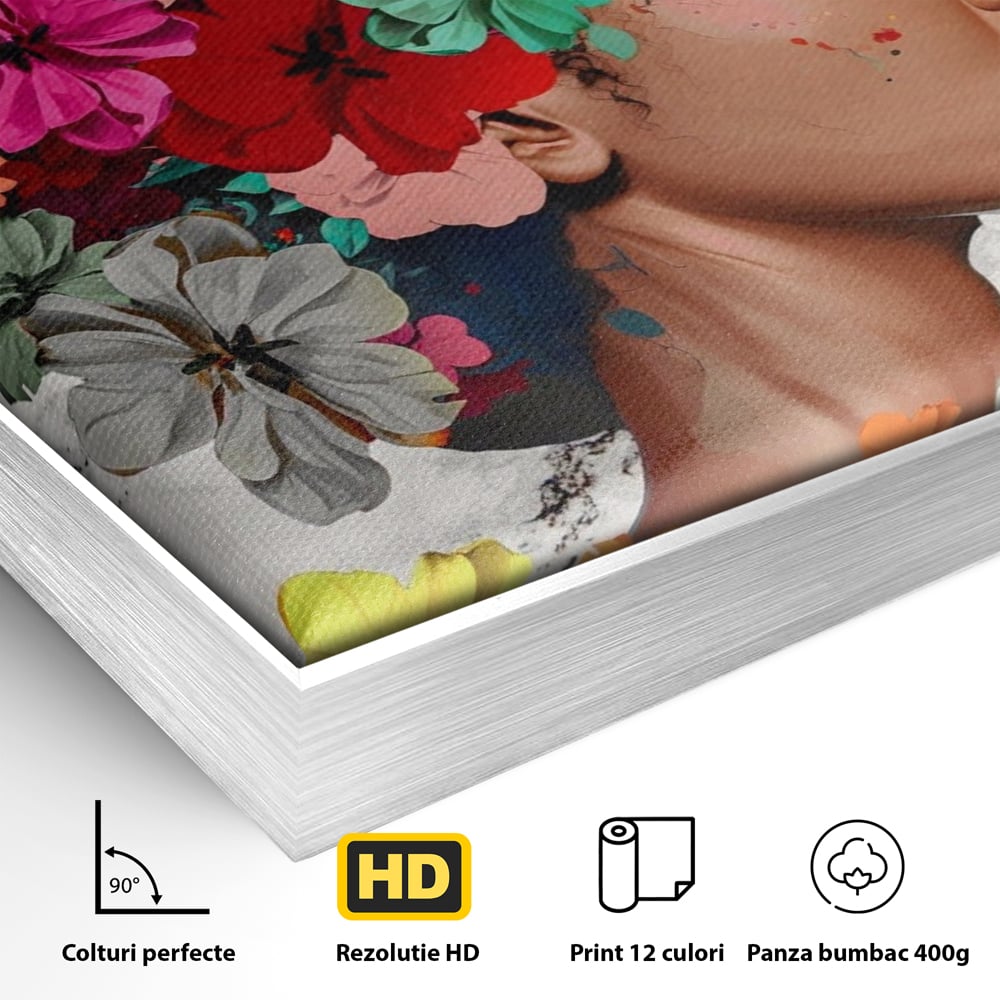 Detaliu al suprafetei: tablou canvas cu fata si flori, in rama de aluminiu argintiu