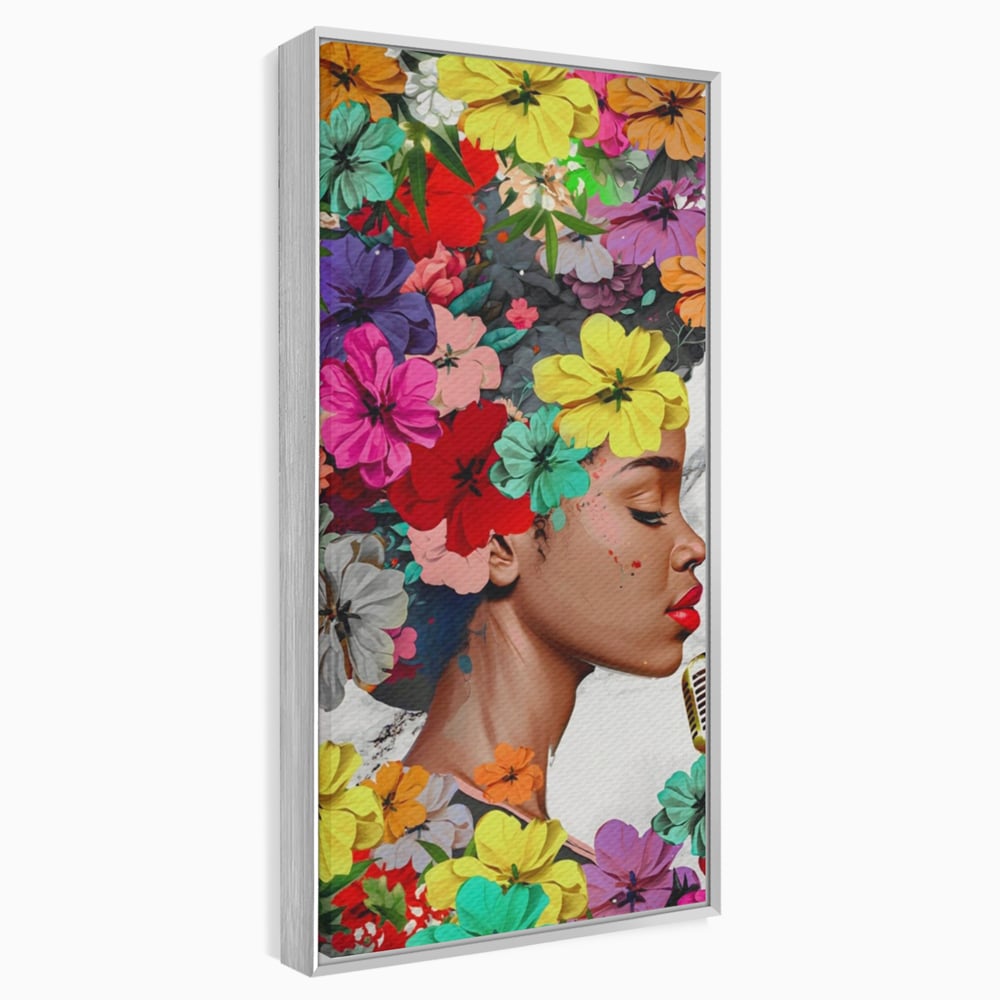 Tablou canvas cu tablou canvas cu fata si flori, in rama de aluminiu argintiu