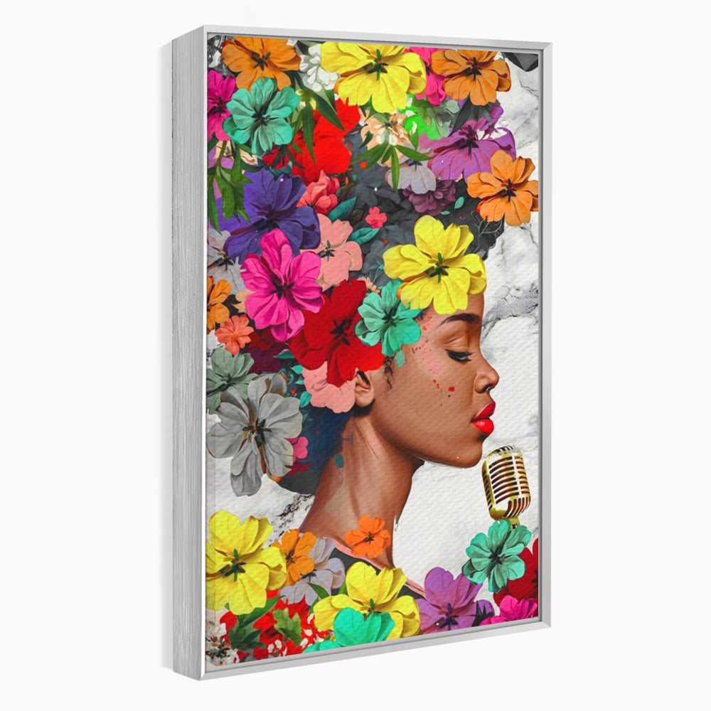 Tablou canvas cu tablou canvas cu fata si flori, in rama de aluminiu argintiu