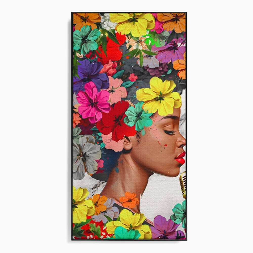 Tablou canvas cu tablou canvas cu fata si flori, in rama de aluminiu negru