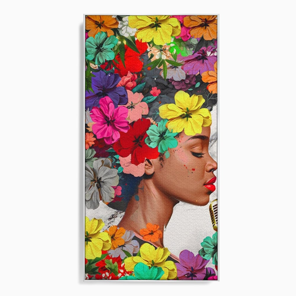 Tablou canvas cu tablou canvas cu fata si flori, in rama de aluminiu argintiu