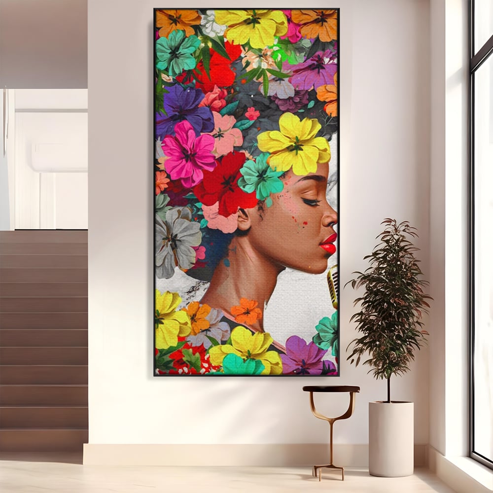 Tablou canvas cu tablou canvas cu fata si flori, in rama de aluminiu negru