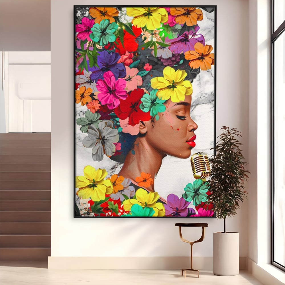 Tablou canvas cu tablou canvas cu fata si flori, in rama de aluminiu negru