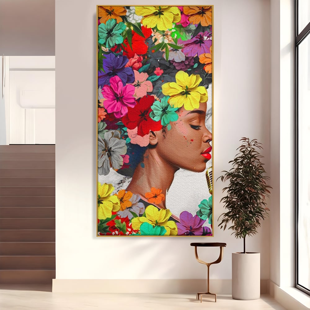 Tablou canvas cu tablou canvas cu fata si flori, in rama de aluminiu auriu