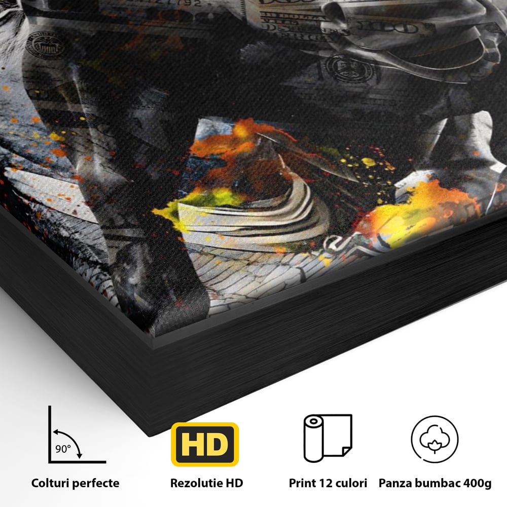 Detaliu al suprafetei: tablou canvas cu taur si bancnote, in rama de aluminiu negru