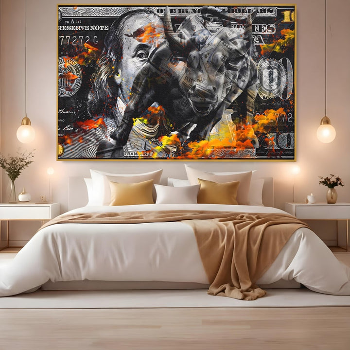 Tablou canvas cu tablou canvas cu taur si bancnote, in rama de aluminiu auriu, pe perete intr-un dormitor