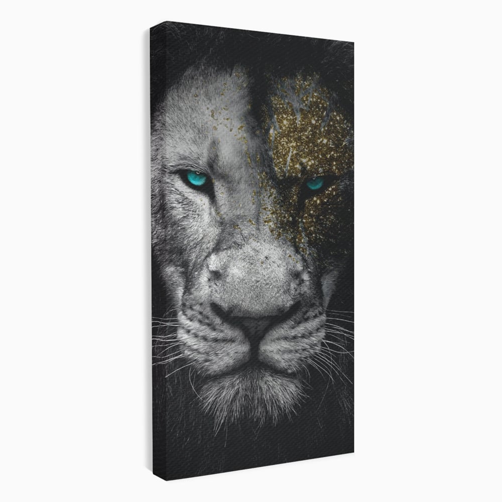 Tablou canvas cu tablou canvas cu leu si ochi albastri, fara rama, pe sasiu de lemn